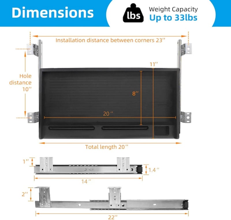 TooCust Under Desk Keyboard Tray, 20" Wx11"D Sturdy Key Board Tray Under Desk Slide with Pen Tray, Desk Extender with Pen Holder,Black - Image 2